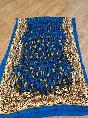 Fendi Blue Gold Leopard Print Silk Scarf